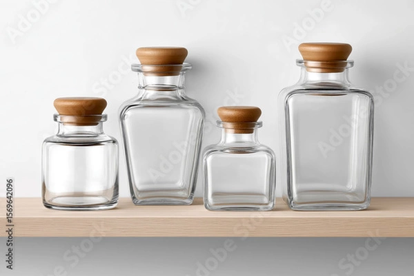 Fototapeta Clear glass storage jars with wooden lids arranged neatly on a wooden shelf against a minimalist background, showcasing modern design and functionality in home organization and decor