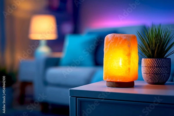 Fototapeta Warm glowing salt lamp on a side table, surrounded by a decorative plant, with a cozy living room ambiance featuring soft lighting and comfortable furniture creating a relaxing atmosphere
