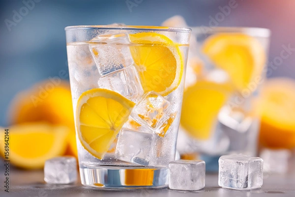 Fototapeta Refreshing beverage with ice cubes and lemon slices in clear glass, surrounded by fresh lemon halves, creating a vibrant and inviting summer drink atmosphere for thirst-quenching enjoyment