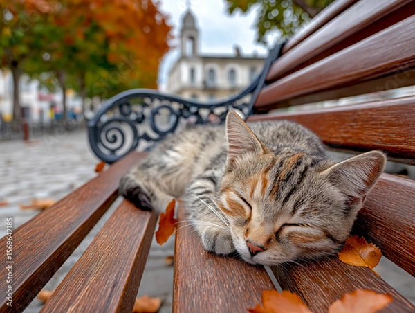 Fototapeta A tabby cat is resting comfortably on a wooden bench in a park, surrounded by colorful autumn leaves, with soft focus trees and buildings in the background, evoking a peaceful outdoor scene