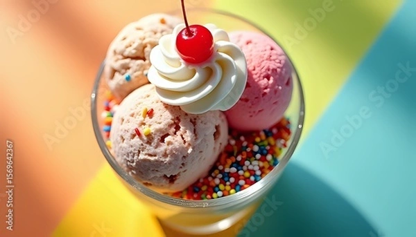 Fototapeta Assorted Ice Cream Sundae with Cherry and Sprinkles