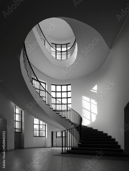 Fototapeta Monochrome spiral staircase in an interior space with large windows, casting light - filled shadows on the walls. Ideal for architectural design, interior decor, and minimalist projects. 