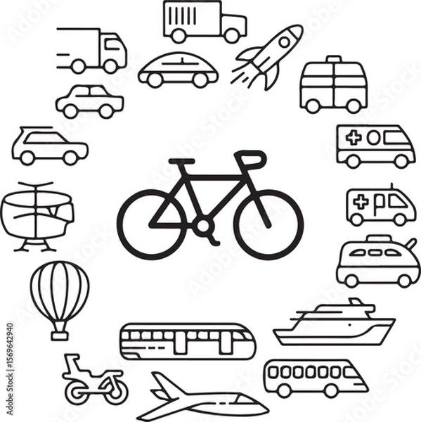 Fototapeta Diverse Transportation Icons An Illustrative Collage Displaying Various Modes of Transport Including Cars, Bikes, Planes, and More All Encircling a Bicycle
