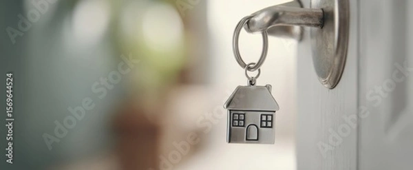 Fototapeta The key with a house charm hanging from a doorknob in a cozy interior.