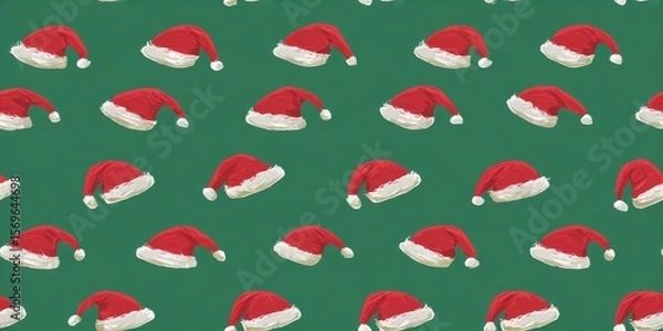 Fototapeta Seamless pattern of red Santa hats on a green background. Multiple red hats arranged evenly, endless festive lbackground