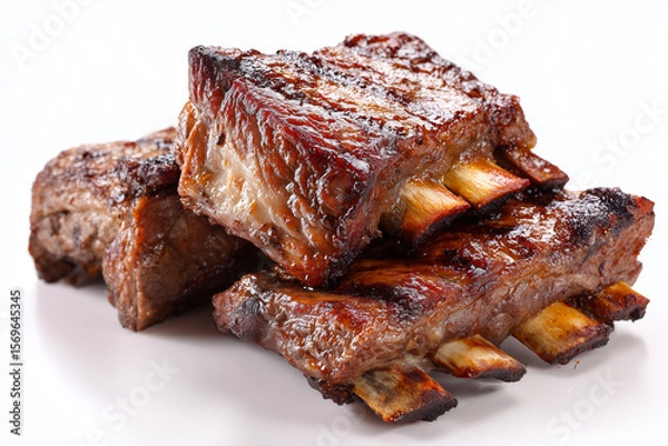 Fototapeta Smoked barbecue ribs isolated on white background, Selective focus grilled beef ribs on white background.