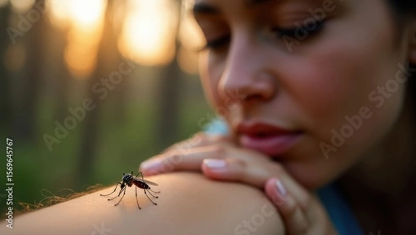 Fototapeta Mujer con una mosquito picando su piel