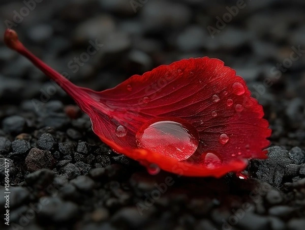 Fototapeta Red petal with water - droplets on dark gravel, close - up nature shot for aesthetic and design use 