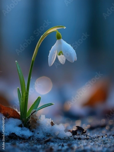 Fototapeta Close - up of a single snowdrop flower with water droplets, emerging from snow. Soft bokeh background, ideal for spring - themed designs, greeting cards, or nature - related projects. 
