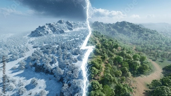 Fototapeta 3D rendering of a mountain - forest landscape split by a lightning bolt into winter and summer scenes; snowy on one side, green and clear - weathered on the other, ideal for seasonal contrasts, nature
