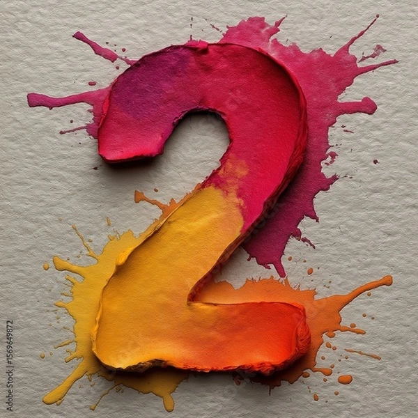 Fototapeta 3D - styled number 2 with vibrant color gradient and paint - splash effect on textured paper background 