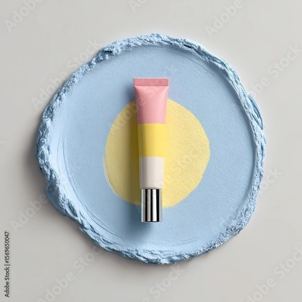 Fototapeta Flat Lay Tube on Pastel Pink & Yellow Split Background with White Divider