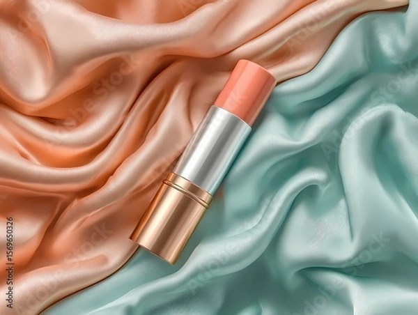Fototapeta Cosmetic Tube Resting on Luxurious Folded Silk Fabric in Peach & Aqua Tones