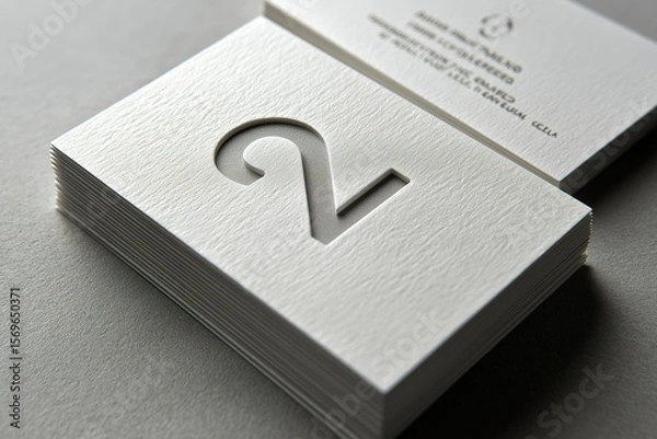 Fototapeta Stack of minimalist business cards with embossed letter - like cut - out design, textured surface for professional use 