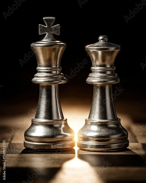 Fototapeta Silver - toned king and queen chess pieces on a checkered board, dramatic lighting creating a spotlight effect between them, ideal for game - related designs, strategic themes, or metaphorical uses. 