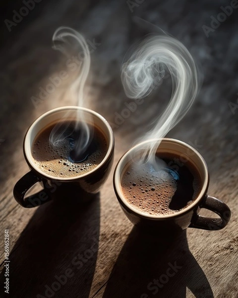 Fototapeta Two mugs of steaming coffee on a wooden surface, with swirl - shaped steam rising, ideal for caf�� promotion, coffee product design, or cozy home - themed projects 