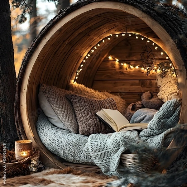 Fototapeta A cozy and inviting wooden reading nook led in a forest setting offers a warm and tranquil escape perfect for relaxing with a book and enjoying the ambient atmosphere.