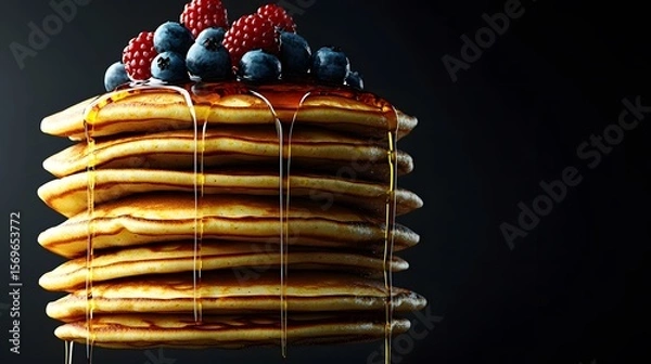Fototapeta A tempting stack of golden pancakes drizzled with maple syrup and adorned with fresh blueberries and raspberries sits against a dark background, perfect for breakfast menus or food