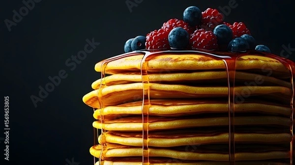 Fototapeta A delectable stack of fluffy golden pancakes drizzled with maple syrup and adorned with fresh raspberries and blueberries, a tempting breakfast treat perfect for a delightful