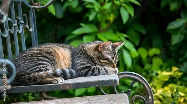 Fototapeta A fluffy tabby cat, peacefully slumbe on a weathered garden bench, enjoys the gentle breeze amidst lush green foliage on a warm sunny afternoon.