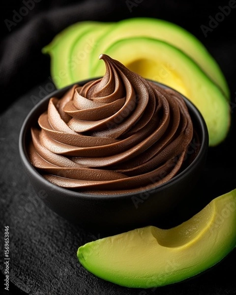 Fototapeta A gourmet, no-bake dessert concept, showcasing a velvety chocolate avocado mousse with beautiful specular highlights, styled with its fresh ingredients to emphasize a healthy lifestyle.