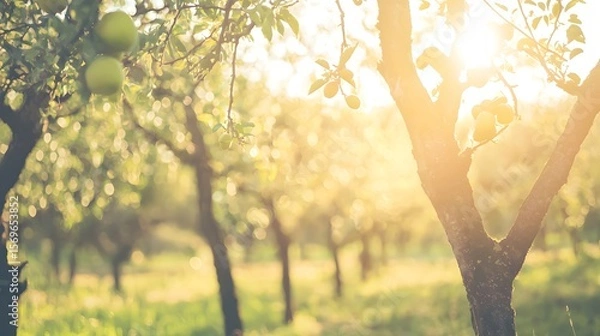 Fototapeta Lush green orchard bathed in warm sunlight offe ample copy space for text perfect for agricultural ing or fresh fruit promotions showcasing a vibrant and healthy