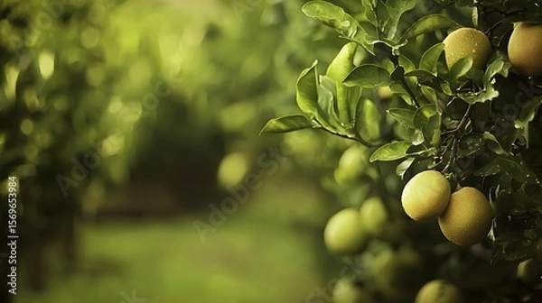 Fototapeta Lush green citrus orchard scene with ripe lemons hanging from branches offe ample copy space for text perfect for fresh fruit juice or food related advertising projects.