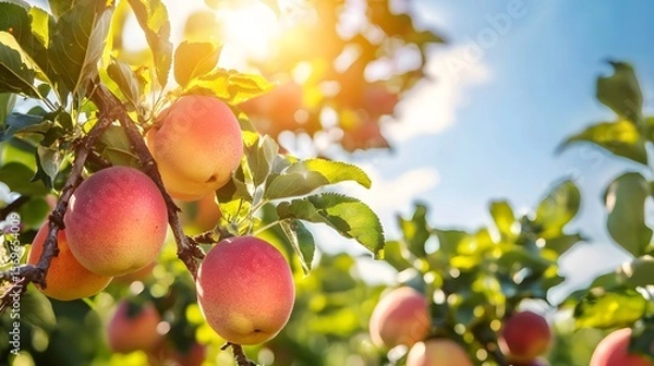 Fototapeta Sun-drenched ripe s hang heavy on branches in a vibrant fruit orchard providing ample copy space for text perfect for fresh produce advertisements or agricultural ing.