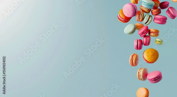 Fototapeta Delicious round multicolored macarons flying in the air on a blue background