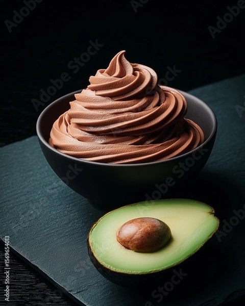 Fototapeta Sophisticated food styling featuring a delicious, clean-eating dessert, visually connecting the creamy chocolate mousse with its core ingredient, the avocado.