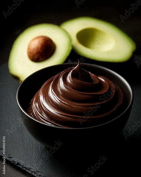 Fototapeta An elegant and healthy chocolate avocado mousse with a rich, glossy finish, served in a minimalist bowl next to a perfectly ripe, fresh avocado half on a dark slate surface.