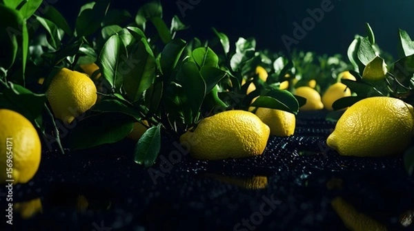 Fototapeta A vibrant row of ripe lemons with lush green leaves sits on a dark surface providing ample copy space for text ideal for showcasing fresh citrus and lemon grove imagery.