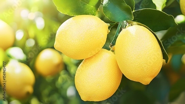 Fototapeta Ripe, juicy lemons hanging from a branch in a vibrant lemon grove providing ample copy space for text ideal for fresh citrus product advertising.