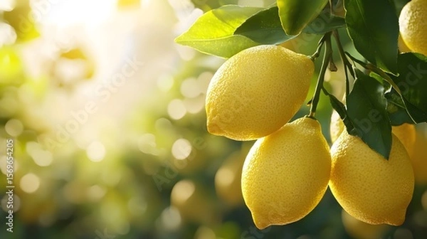 Fototapeta Ripe yellow lemons hanging on a tree branch in a sunny lemon grove orchard with copy space perfect for text and advertising showcasing fresh citrus fruit.