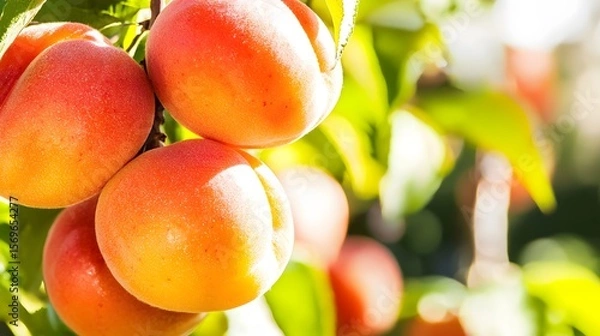 Fototapeta Juicy ripe nectarines hang heavy on a branch in a sunlit orchard providing ample copy space for text perfect for a farm fresh produce advertisement or packaging design.