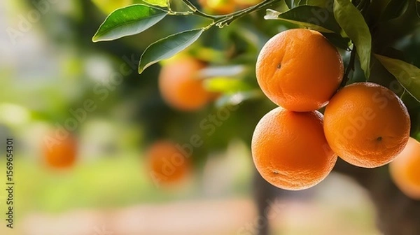 Fototapeta Ripe juicy oranges hang heavy on the branches of a lush green orange tree in a vibrant orchard providing ample copy space for text perfect for advertisements or ing.