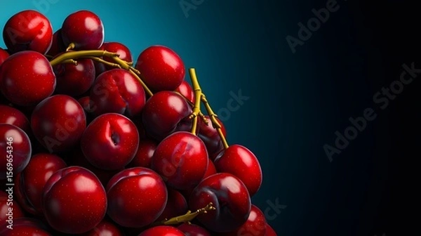 Fototapeta A vibrant pile of ripe red plums sits against a dark teal background providing ample copy space ideal for text overlay perfect for fresh fruit advertisements or culinary