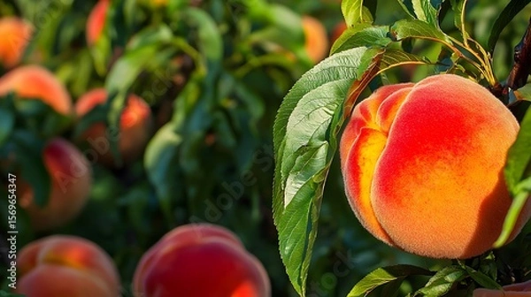 Fototapeta A vibrant ripe peach hangs heavy on the branch in a sun-drenched peach orchard providing ample copy space for text perfect for summer recipes or healthy eating advertisements.