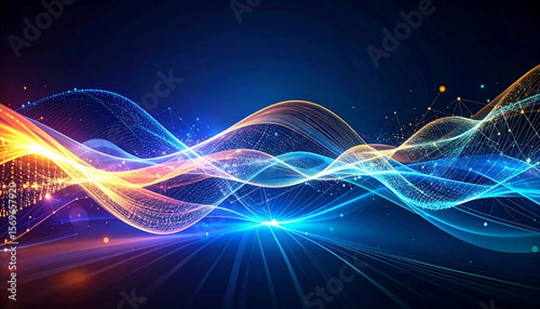 Fototapeta エネルギー波が交差するデジタルフロー背景