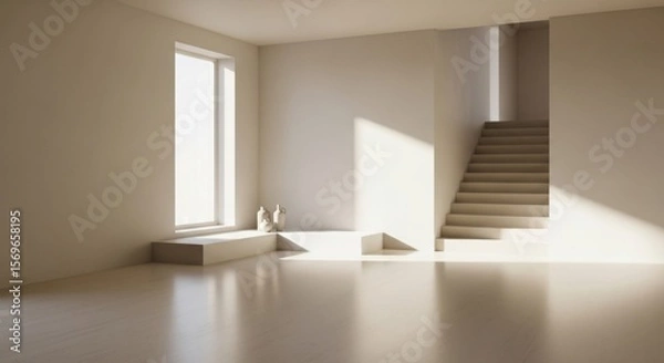 Fototapeta Bright Sunlit Empty Room With Staircase and Large Window