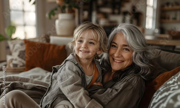 Fototapeta Happy grandmother and grandson cuddling on a cozy sofa in a warmly lit living room, ideal for themes of family love, joy, and intergenerational bonding