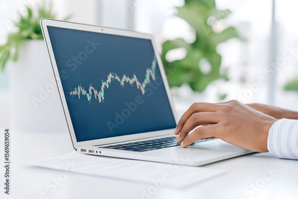 Fototapeta Hand working on a laptop displaying a financial chart with fluctuating data, symbolizing analysis, business strategies, and market trends, ideal for finance or corporate content