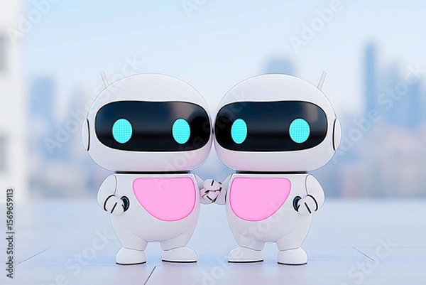 Fototapeta Two cute futuristic robots holding hands, representing artificial intelligence, robotics, friendship, technology, innovation, and modern design in a playful and creative concept