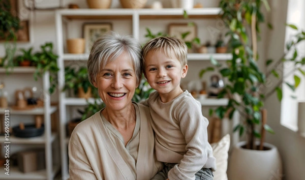 Fototapeta Smiling grandmother with her cheerful grandson in a bright cozy living room, symbolizing family connection, love, and multigenerational joy,for promoting caregiving, togetherness,happy home moments