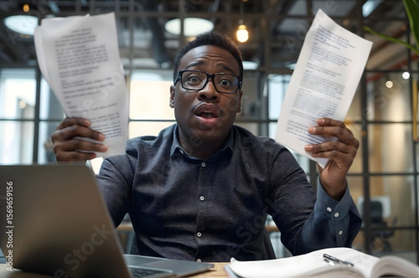 Fototapeta Frustrated African American businessman analyzing documents at his desk,representing office stress,multitasking,problem-solving,decision-making,corporate challenges,fast-paced environment of workplace