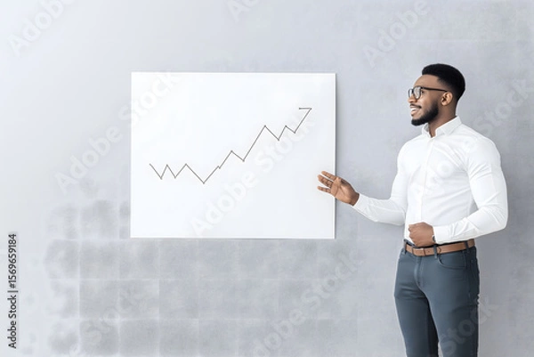 Fototapeta Confident businessman presenting a growth chart on a whiteboard, symbolizing success, business development, leadership, strategy, and professional communication in a modern corporate environment