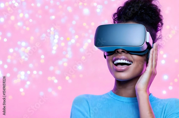 Fototapeta African American Woman enjoying virtual reality experience VR headset against background,representing technology,gaming,entertainment,futuristic innovation,immersive experiences,digital exploration