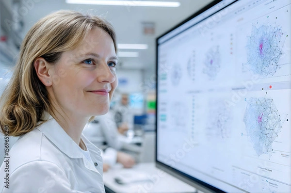 Fototapeta Portrait female researcher looking at complex data visualizations on monitor in modern scientific laboratory,conveys themes innovation,data analysis,artificial intelligence, healthcare,biotechnology