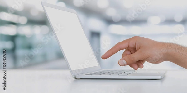 Fototapeta A hand pointing to a blank white laptop screen in a modern office environment representing technology, innovation, and digital workspace concepts for creative or professional use