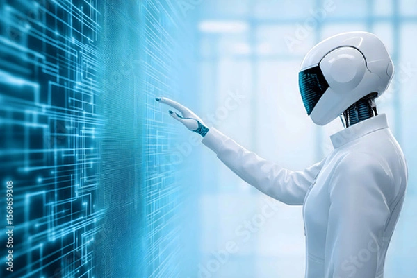 Fototapeta Futuristic humanoid robot interacting with a digital interface, showcasing advanced artificial intelligence, innovation,technology for concepts related to data processing, research,futuristic systems
